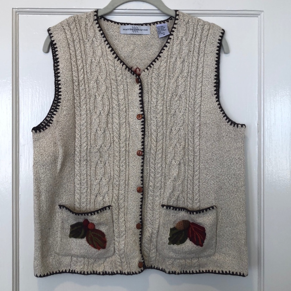 Marisa Christina Cream Sweater Vest with Leaf Accents